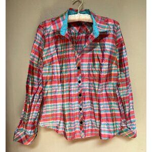 Beluva San Francisco Womens Button Up 3/4 Sleeve Plaid Pleated Shirt Medium